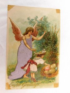 C.1900-10 Angel Girl Easter Greetings Eggs Real Fabric Dresses Postcard P30