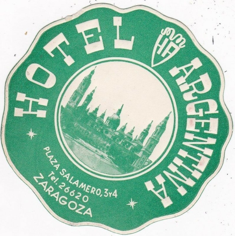 Spain Zaragoza Hotel Arhentina Diameter Vintage Luggage Label sk4524