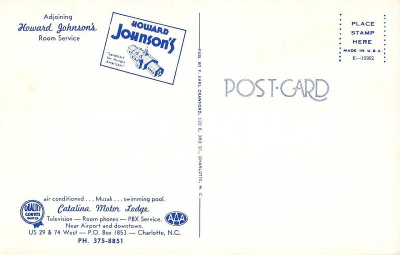 CATALINA MOTOR LODGE Charlotte, NC HOWARD JOHNSON'S Roadside 1960s Postcard