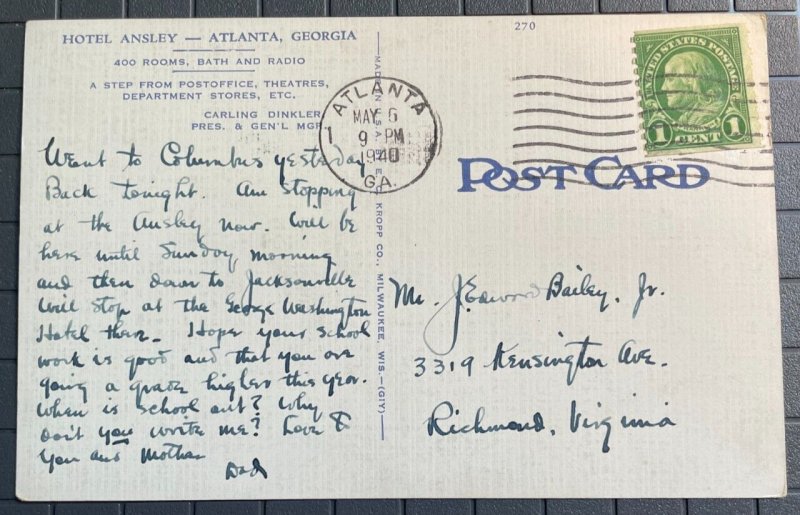 Vintage Postcard 1940 Hotel Ansley Atlanta Georgia (GA)