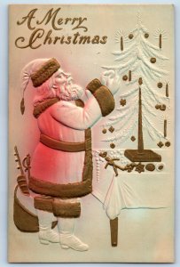 Christmas Santa Claus Decorate Christmas Tree Airbrushed Embossed Postcard