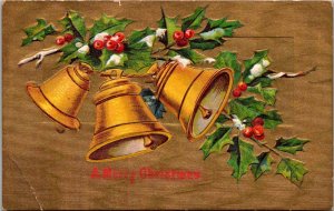 Merry Christmas Gold With Gold Bells and Holly 1910