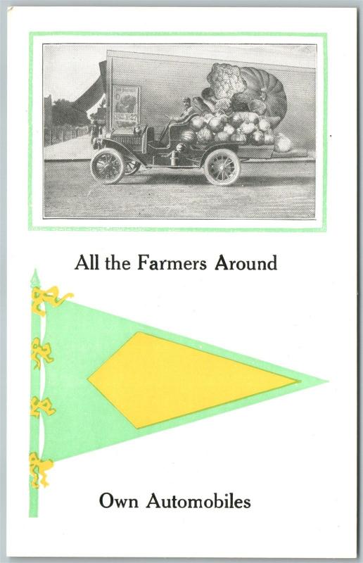 EXAGGERATED ANTIQUE POSTCARD ALL FARMERS AROUND OWN AUTOMOBILES