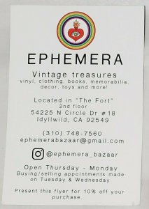 Advertising Postcard: Ephemera Vintage Treasures - Idyllwild, CALIF. 2021.