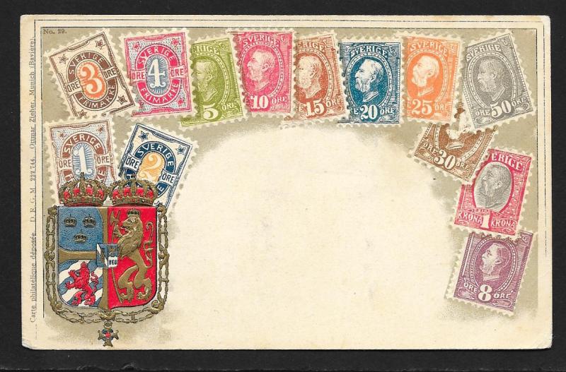 SWEDEN Stamps on Postcard Embossed Shield Unused c1905