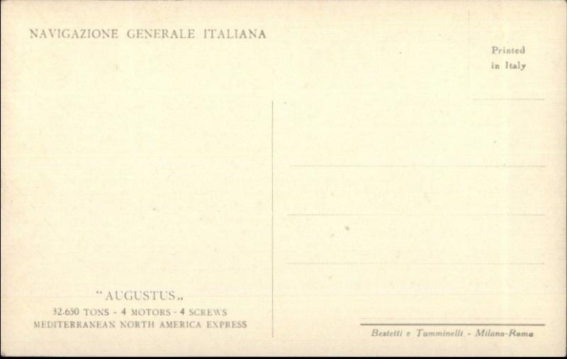 Navigazione Generale Italiana Steamship Augustus c1910 Postcard