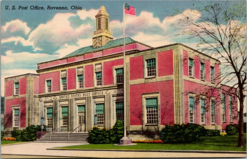 Postcard OH Ravenna Portage County US Post Office American Flag LINEN ~1940 K7