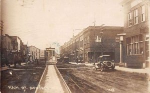 Spooner Wisconsin Street Scene Trolley Street Car Real Photo Postcard AA43736