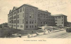 c1906 Lithograph Postcard Seattle High School WA Street & Trolley