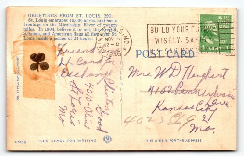 Greetings From St. Louis Missouri Large Big Letter Postcard 4 Leaf Clover 1946