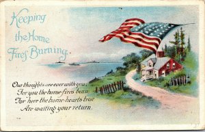 Vtg 1920's Keeping The Home Fires Burning American Flag Patriotic Postcard