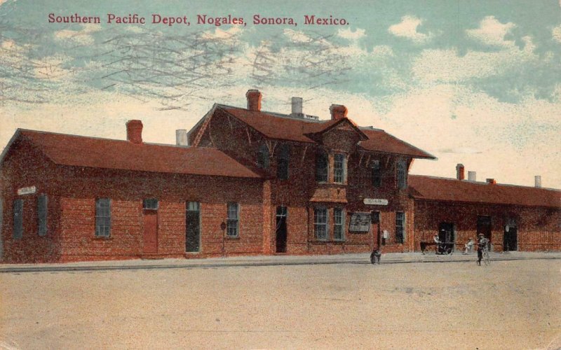 SOUTHERN PAC. TRAIN DEPOT RAILROAD STATION NOGALES SONORA MEXICO POSTCARD 1916