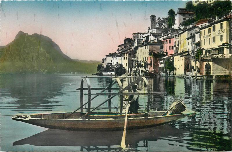 Switzerland semi-modern postcard Gandria Lago di Lugano boat