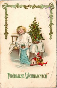 VINTAGE POSTCARD MERRY CHRISTMAS CHILD DOLL ELF CZECHOSLOVAKIAN CARD c. 1911