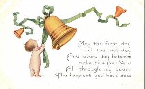 Vintage Postcard 1910's Happy New Year Cute Baby Butt Holding Big Bell Greetings