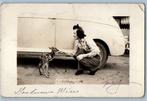 1943 Woman Feeding Fawn Baby Deer Goodnow Wisconsin WI RPPC Photo Postcard