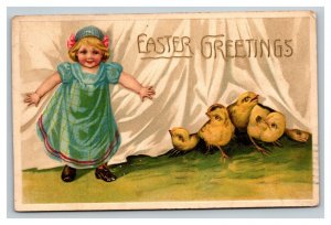 Vintage 1911 Easter Postcard Cute Girl in Blue Dress Chicks under Curtain - CUTE