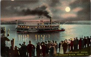 Postcard Moonlight Scene on the Illinois River in Peoria, Illinois