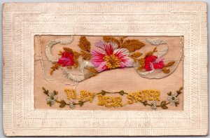 Embroidered Flowers My Dear Sister Greetings & Wishes Card Needle Point Postcard