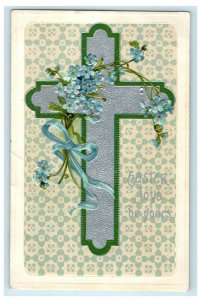 c1910 Greetings Easter Clapsaddle (?) Silver Cross Blue Ribbon Pansies Postcard