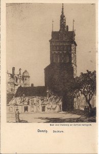 Danzig Germany, Gdansk Poland, Copper Etching Postcard, 1920, Stockturm, Tower