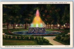 1935 Night Scene In Central Park Colorful Fountain Lansing Michigan MI Postcard