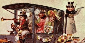 1956 Antique Car Full Of People Postcard New Year Flowers Automobile Horn 