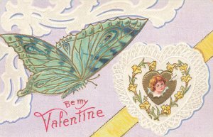 Be My Valentine Embossed Butterfly and Pretty Girl Postcard