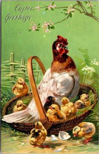 Easter Postcard Chicken and Her Chicks Sitting in a Basket~3257