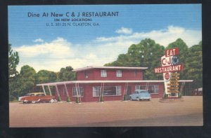 CLAXTON GEORGIA GA. C&J RESTAURANT OLD CARS VINTAGE LINEN ADVERTISING POSTCARD