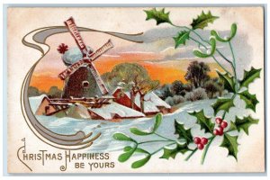 c1910's Christmas Berries Mistletoe Windmill Winter Embossed Antique Postcard