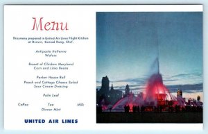 UNITED AIR LINES Menu Postcard CHICAGO Buckingham Fountain - Chef Kung, Denver