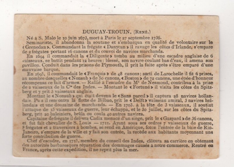 French - Rene Duguay-Trouin (1673-1736)  Famous Sailor - Sailing Ship