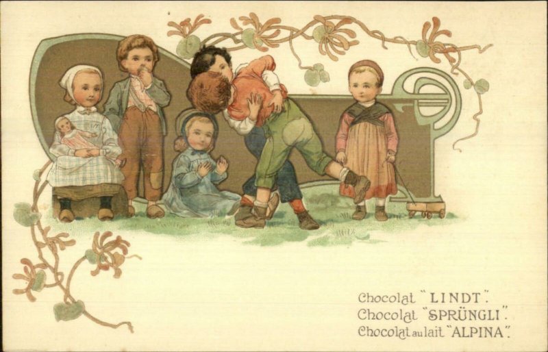 French Chocolate Lindt Sprungli Alpina Kids Wrestle FINE LITHO c1905 Postcard