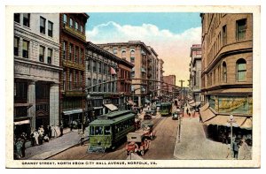 Antique Granby Street, North from City Hall Ave, Trolley, Norfolk, VA Postcard