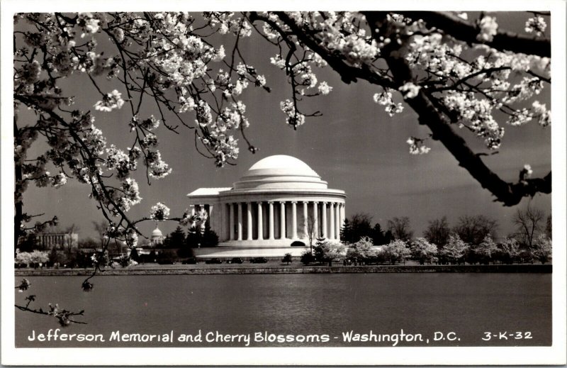 Vtg Jefferson Memorial & Cherry Blossoms Washington DC RPPC Real Photo Postcard