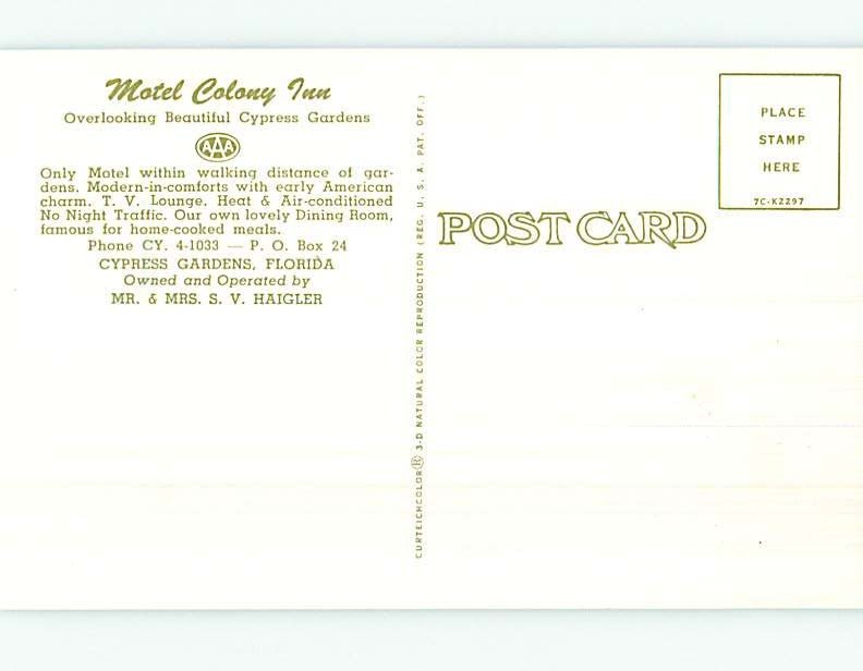 Unused Pre-1980 COLONY INN MOTEL Cypress Gardens Florida FL n9278
