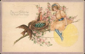 Easter Fantasy Girl in Tree at Bird's Nest c1910 Vintage Postcard