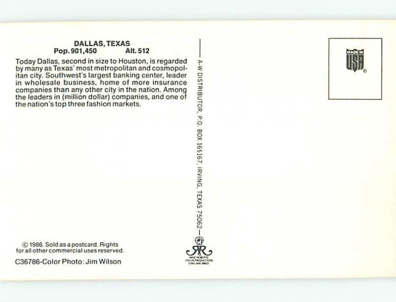 Unused 1986 PANORAMIC VIEW Dallas Texas TX hp3387@