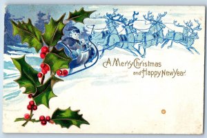 1909 Christmas New Year Santa Claus Sleigh Holly Berries Embossed Nash Postcard