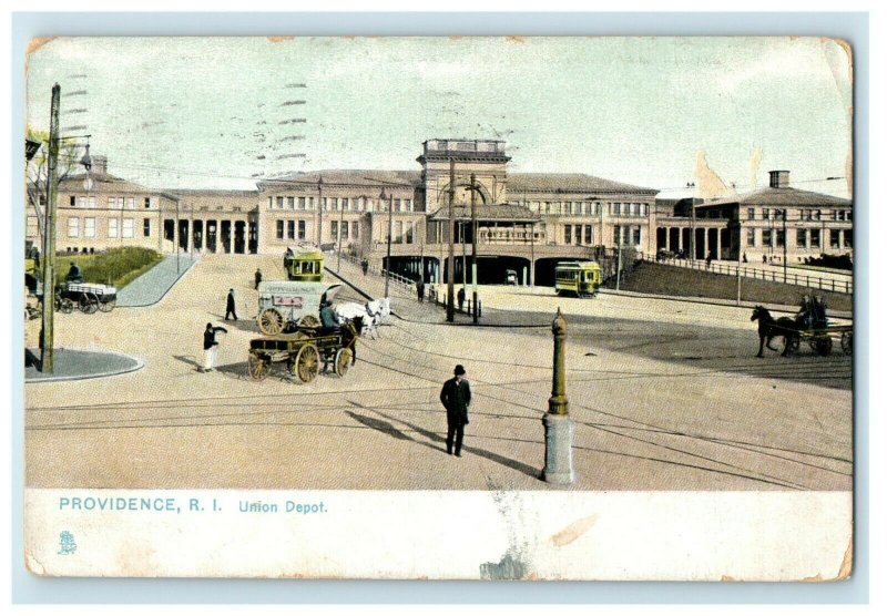 1908 Providence RI, Union Depot Horse Carriage Wagon Trolley Tuck's Postcard 