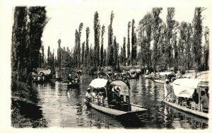 Vintage Postcard RPPC Photo Mexicans on Canoes and Boats on Water Mexico