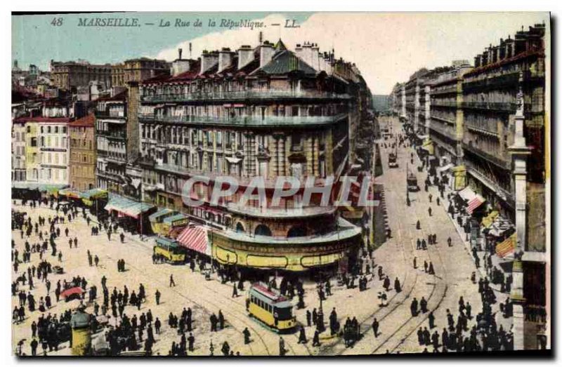 Old Postcard Marseille Rue de la Republic Tram