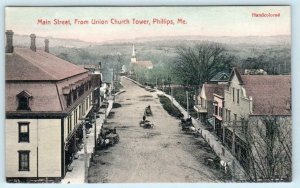 PHILLIPS, Maine ME ~ Handcolored MAIN STREET from Union Church Tower Postcard