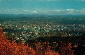 Portland Oregon Aerial View City Mt Hood Background Postcard 