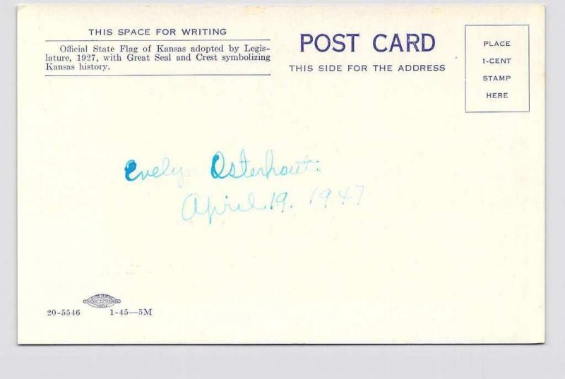 PPC POSTCARD KANSAS STATE FLAG WITH SUNFLOWER AND FARMER PLOWING