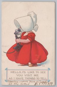 Artist Signed~Bernhardt Wall~Sunbonnet Girl On Candlestick Phone~Visit Me~Vtg PC