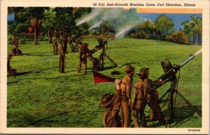 Linen Postcard 50 Cal. Anti-Aircraft Machine Guns in Fort Sheridan, Illinois