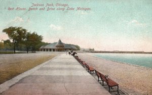 Vintage Postcard 1910's Jackson Park Rest House Beach & Drive Chicago Illinois