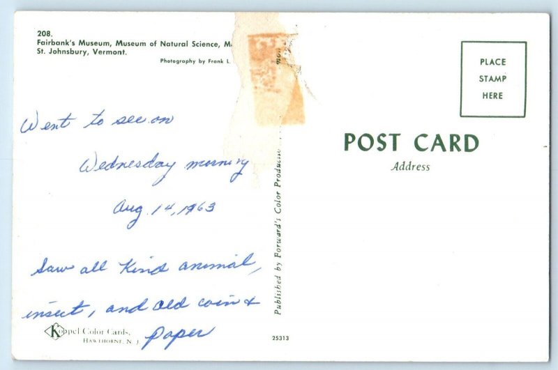 c1960 St. Johnsbury Vermont Postcard Fairbanks's Museum Natural Science Building